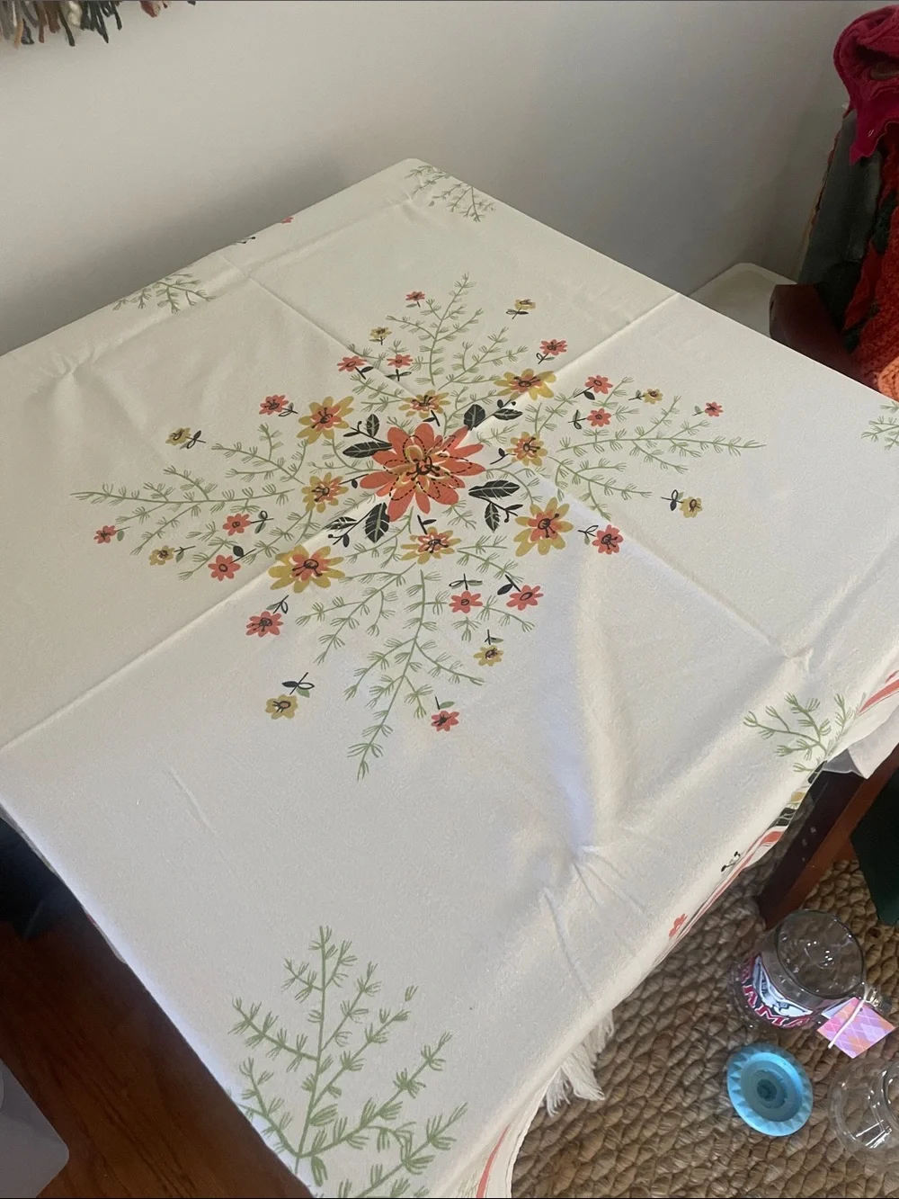 Floral design  Tablecloth in Cream with Orange & Green Accents mid century